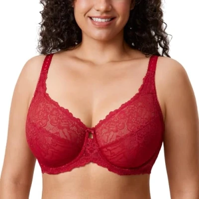 Bild av DELIMIRA Kvinnors Plus Size Minimizer BH Full täckning Lace Unfodred Underwire B K koppar Mörkröd 75I