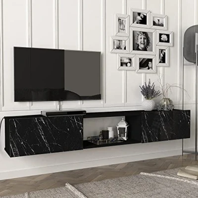 Bild av [en.casa] TV skåp Paltamo bord med 3 fack lågbord 180 x 31 29,5 cm hängande bräda marmor, svart