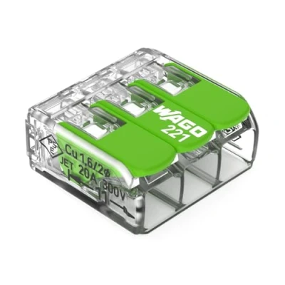 Bild av WAGO Green Range klämma 3 ledare, upp till 4 mm², anslutningsklämmor polig med spak för alla typer av 221423, 12 stycken