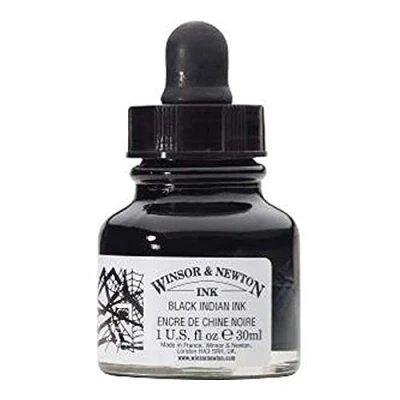 Bild av Winsor &amp; Newton 1011030 teckning bläck tecknad för kalligrafier, illustratörer, grafiker, konstnärer vattenbeständiga färger, herratransparens, 30 ml flaska svart med pipett
