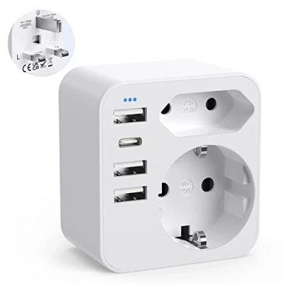 Bild av 6 i 1 Adapter European Plug till UK med 3 USB+1 Typ C+ 2 Schuko Spanien,England för Irland Engelska Skottland British Maldiverna (G typ)