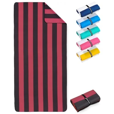 Bild av Strandhandduk XXL mikrofiberbadhandduk stor, lätta och snabbtorkande 100% återvunnen mikrofiberhandduk randig vinröd mörkgrå 200 cm x 90