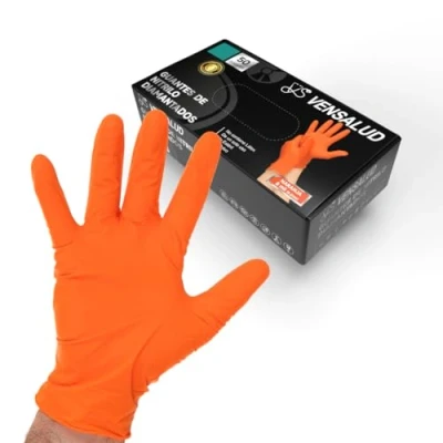 Bild av VENSALUD Diamanterade nitrilhandskar Extra starka och robusta För verkstäder, Trädgårdsarbete, Kök, Monteringar, Veterinärer, Rengöring Latexfri 50 st Orange XL