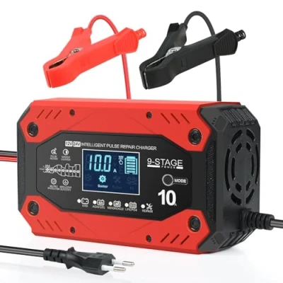 Bild av Weinsamkeit billaddare 10A, helautomatisk smart 12V/24 V med LCD skärm, lämplig för bil, lastbil, motorcykel, gräsklippare, skåpbil, sjöbåt
