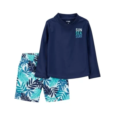 Bild av Simple Joys av Carter&#039;s Baby Boys baddräkt bagageutrymme och Rashguard set Rash Guard, Marinblå vit tropisk, 24 månader