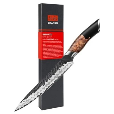 Bild av SHAN ZU Japansk Universalkniv 15 cm, 7 Lager Kockkniv i Kolstål av Hög Kvalitet, Ultraskarp Multifunktionell Kökskniv med Ergonomiskt Handtag Lönnträ