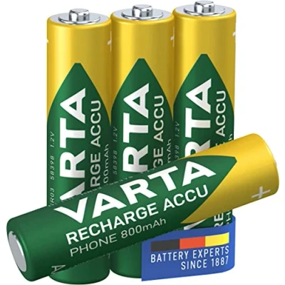 Bild av VARTA Batterier AAA, uppladdningsbar, paket med 4, Recharge Accu Phone, laddningsbart batteri, 800 mAh Ni MH, redo att använda, lämplig för trådlösa telefoner