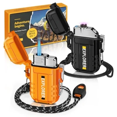 Bild av Lafagiet 2 pack elektrisk tändare + ficklampartändare, USB C laddning och butan gaspåfyllning, vattentät, vindtät tändare, multipack för ljus, camping, utomhusäventyr (ingen gas)