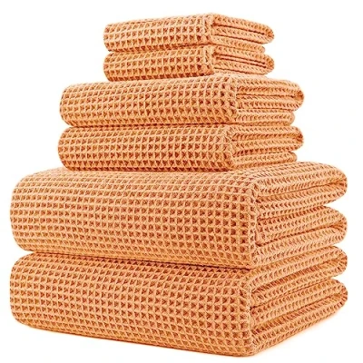Bild av POLYTE Mikrofiber överdimensionerad, 76 x 152 cm, snabbtorkande luddfritt badhandduksset, 6 delar (orange, våffelväv)