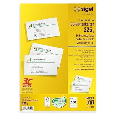 Bild av Sigel LP795 utskrivbara visitkort 3C, 100 stycken (10 ark), högvitt, slätt snitt runt, 225 g, 85 x 55 mm, tillverkade av hållbart papper