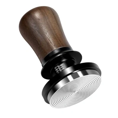 Bild av NOTSEK Tamper 54 mm, 30 pund tryckreglerande espresso tamper, självnivå, kalibrerad, fjäder, kaffetamper med rostfritt stål, bas, valnöt, handtag för Sage Barista Express skärmhållare