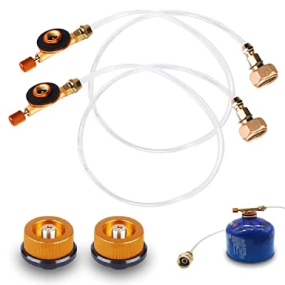 Bild av 2 stycken adaptrar till gaspatroner, adapter campinggasspis, propan, refill adapter, gasspis utomhus, campingkök, ventilpatronadapter för LPG, platt cylinder, flaskadapter