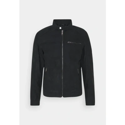 Bild av Men JACK &amp; JONES Faux Leather Jacket Biker Blouson Bomber Coat JJEROCKY Design Transitional Jacket, Color:Black, Size:L