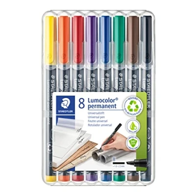 Bild av Staedtler 314WP8 Lumocolor Folienstifte in Aufstellbox, wasserfest, 8 Stifte, Schriftstärke B, mehrfarbig, Breit (ca. 1,0 2,5 mm), 314 WP8 ST