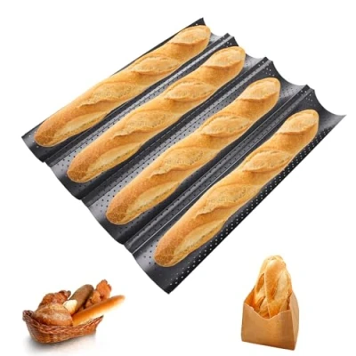 Bild av ASelected baguette bakplåt, baguetteplåt med non stick beläggning, bakform för 4 baguetter brödbakform, perforerad baguetteplåt, bröd tråg