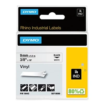Bild av DYMO Rhino industriella vinyletiketter 9 mm x 5,5 m Svart tryck på vitt självhäftande för noshörning och etikettchef etikettmaskiner