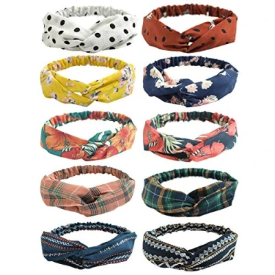 Bild av DRESHOW 10 Paket Boho Pannband för Kvinnor Vintage Blomma Tryckt Criss Cross Knotted Elastiskt Hårband Stretchy Head Wrap Twisted Cute Hårtillbehör