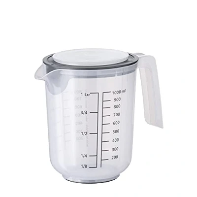 Bild av APS Blandningskanna med lock mätkanna skala för vätskor (l/ml), socker (g) och mjöl /volym 1 liter/diameter 12,5 cm/höjd 16 cm/diskmaskin