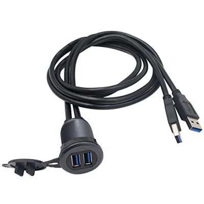 Bild av Duttek USB panel infälld monteringskabel 2 x 3.0 hane till hona förlängningsfäste, instrumentmontering, spolmontering, panelmonteringskabel, för bil, båt, motorcykel (rund dubbel 1 m/3,3