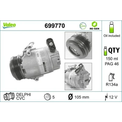 Bild av VALEO 699770 compresseur De Climatisation CVC 12 PAG 46 R 134a avec huile ECHANGE STANDARD OPEL: Zafira B, A, Meriva A