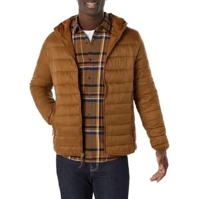 Bild av Amazon Essentials herr lätt vattentålig packbar pufferjacka med huva, ljusbrun, X Large