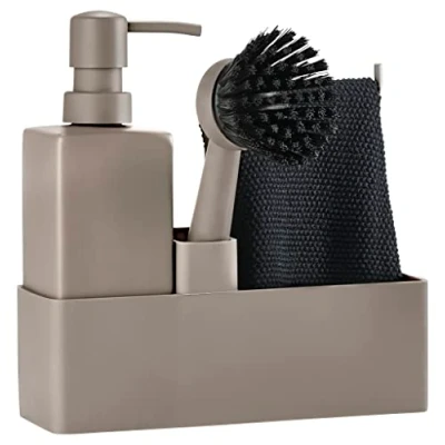 Bild av Zone Denmark diskmaskinset, diskmaskinshållare med tvål /diskmedelsdispenser, disktrasa och diskborste, 19 x 6 20,5 cm, set om 4 delar, taupe