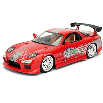 Bild av Jada Toys Fast &amp; Furious Dom&#039;s 1993 Mazda RX 7 FD3S Wide Body, bil, tuning modell i skala 1:24, med spoiler, öppningsdörrar, motorhuv och bagageutrymme, frihjul, röd