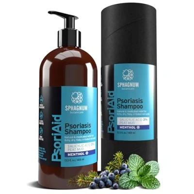 Bild av NY 2025 Sphagnum Botanicals psoriasis och mjällschampo naturlig lugnande behandling för torr irriterad hårbotten med uppfriskande mentol, salicylsyra torv. 400 ml