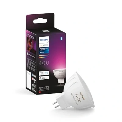 Bild av Philips Hue Smart LED lampa MR16 White and Color Ambiance, dimbar, 6.3 W, Zigbee &amp; Bluetooth, trådlös, röststyrning via Amazon Alexa, Google Home Assistant och Siri, 1 Pack