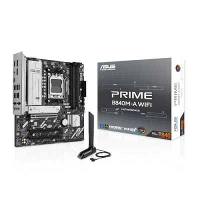 Bild av ASUS PRIME B840M A WiFi, AMD mATX moderkort, DDR5 kortplats, PCIe 4.0 klar, 3 M.2 platser, WiFi 6E, Ethernet Realtek 2,5 GB, DisplayPort, HDMI, USB C fram och bak, BIOS Flashback Aura Sync
