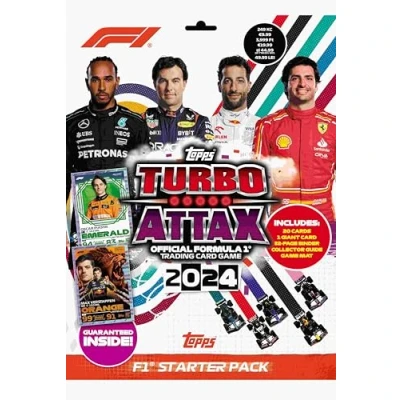 Bild av Topps Turbo Attax Formula 1 2024 startpaket innehåller 20 kort inklusive en Verstappen Orange Dutch Lion LE och ett Piastri Emerald kort.