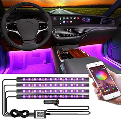 Bild av YiLaie interiörbillampor, Bluetooth app, musiksynkronisering, RGB LED lampremsa för bil interiör med bilcigarettändare, flerfärgad instrumentbräda, paket neonomgivningsljus bilar