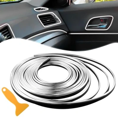 Bild av Dekorlister för bilinredning, universell fyllning av mellanrum i bil, prydnadslist, dekorativa tillbehör gör det själv, flexibel remsa, smyckning med installationsverktyg, 5 m (silver)