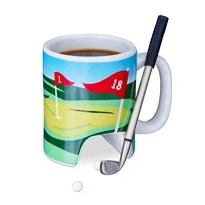Bild av Relaxdays Golfkopp med racket, putter kulspetspenna, 2 golfbollar, rolig golfgåva, golfkaffekopp, färgglad, 4 delat set, 1 st (1 pack)