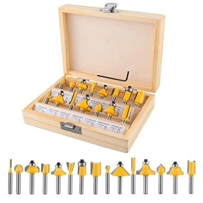 Bild av Gueenky 15 stycken routerbitar, 6,35 mm 1/4 tum skaft routerbit set, volframkarbid router bit set med trälåda, frässet för träbearbetning, skiftnyckel