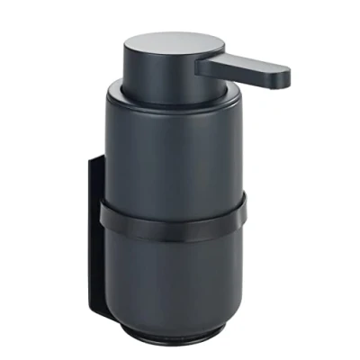 Bild av WENKO Väggtvåldispenser Woya, påfyllningsbar keramisk pumpdispenser för upp till 250 ml flytande tvål, diskmedel eller desinfektionsmedel, Turbo Loc® fastsättning utan borrning, Ø 6,8 x 13 cm, svart