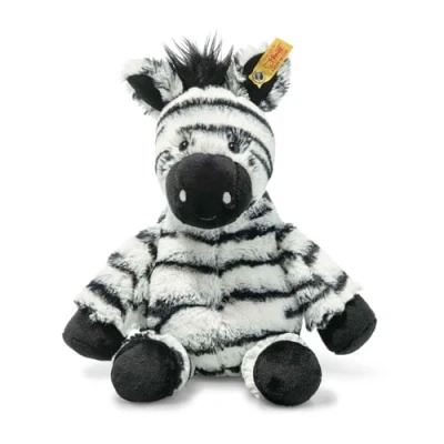 Bild av Steiff Zora Zebra vit svart 30 cm, mjuka Cuddly Friends, gosedjur, zebra, märke, plyschdjur med knapp i örat, gosevän för spädbarn från födseln