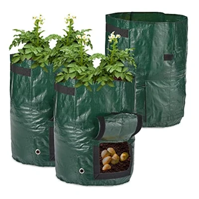 Bild av Relaxdays Potatis planteringspåse set om 3, potatispåse med visningsfönster, 2 sidohandtag, H x D: 44 33 cm, mörkgrön