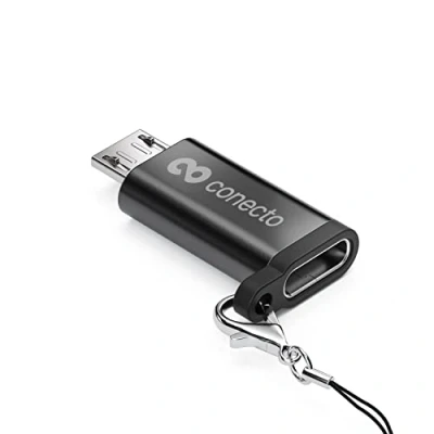 Bild av conecto, Micro USB till C adapter, OTG stöd, kompatibel med Apple enheter, spänne/karbinhake ingår, aluminiumfodral, svart