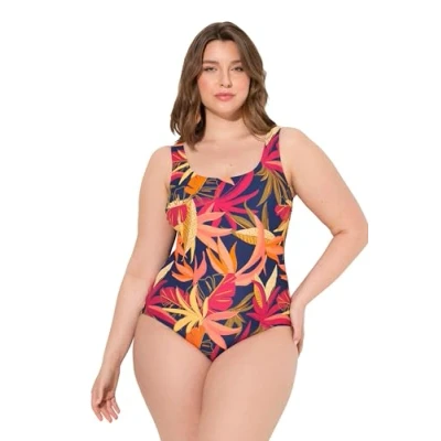 Bild av Ulla Popken Tropical Leaves Baddräkt, Storlek: 60, Dark indigo