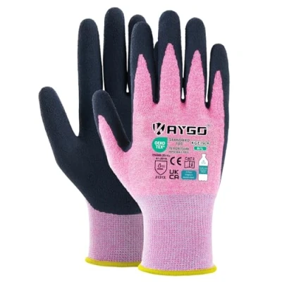 Bild av KAYGO Latexbelagda arbetshandskar för kvinnor, andas, 3 par återvunna trädgårdshandskar i polyester, miljövänliga damer, KGE19L (rosa, stor)