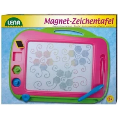 Bild av Lena 65714 Stor färg magnet rittavla, magnettavla ca 41 cm, magisk tavla med handtag, fast penna och 3 stämplar, måleritavla för barn från år, 4 färgfält, rosa