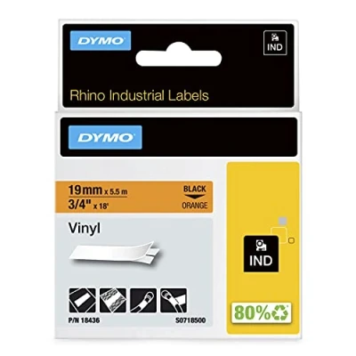 Bild av Industriella DYMO Rhino vinyletiketter 19 mm x 5,5 m Svart text på orange tejp Självhäftande För och LabelManager etikettskrivare
