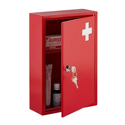 Bild av Relaxdays Medicskåp, låsbart, 2 fack, H x B D: 32 21,5 9,5 cm, för mediciner, läkeskåp, röd/vit, järn