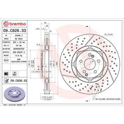 Bild av BREMBO 09.C826.33 disque de frein 360 26 5 ventilé l&#039;intérieur, fendu/perforé, en deux parties revêtu à haute teneur carbone