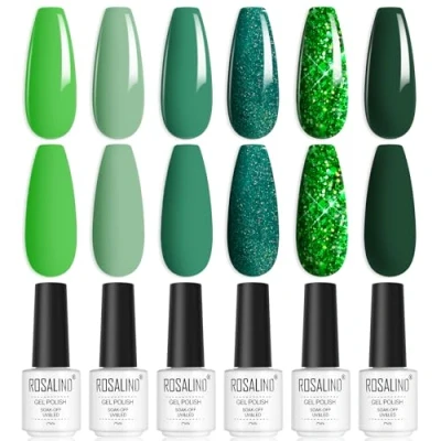 Bild av ROSALIND UV Gel Nagellack Set, 6 färger Ljusgrön Gräsgrön Mörkgrön UV/LED Polish Nagelgel Nagellackset