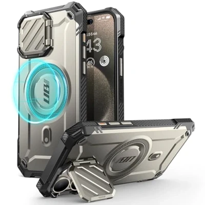 Bild av SUPCASE Fodral för iPhone 15 Pro Max med stativ [kompatibelt MagSafe] [inbyggt kamerafodral] [militärkvalitetsskydd] robust magnetiskt skal Max, grå