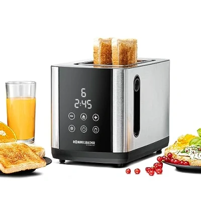 Bild av ROMMELSBACHER Brödrost till 850, 2 breda spår för bröd upp XL rostat bröd, automatisk centrering av brödskiva, LED skärm, nedräkningsskärm, 9 nivåer, avfrostningsnivå, brödfäste, smulåda