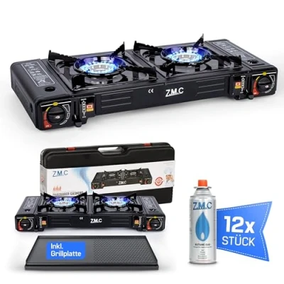 Bild av Z.M.C.M.C M.C Camping gasspis 2 lampor inklusive adapter för LPG anslutning grillplatta 45 x 24 cm 12 gaspatroner 227 g, campingspis med piezotändning