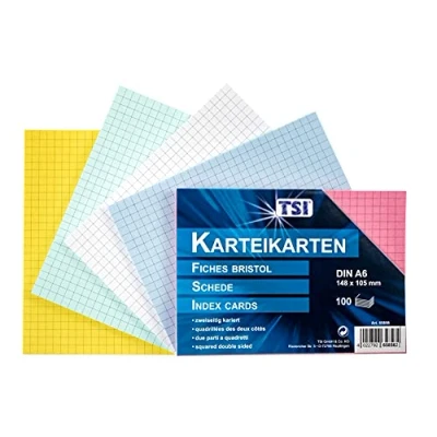 Bild av TSI indexkort A6 blandade färger, förpackning om 100, rutig, storlek: DIN (148 x 105 mm), Art. Nr 65856